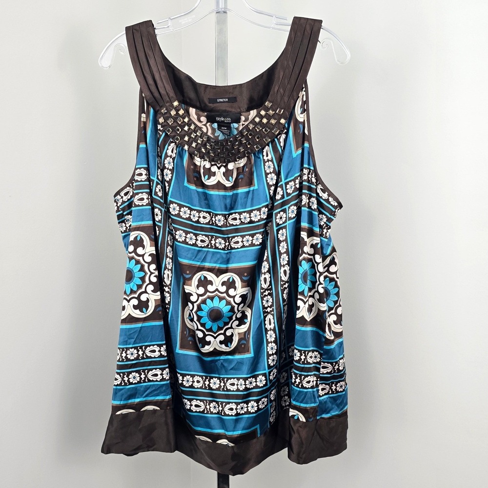 Style & Co Sleeveless Rhinestone Round Neckline Print Top Brown Blue 22W‎